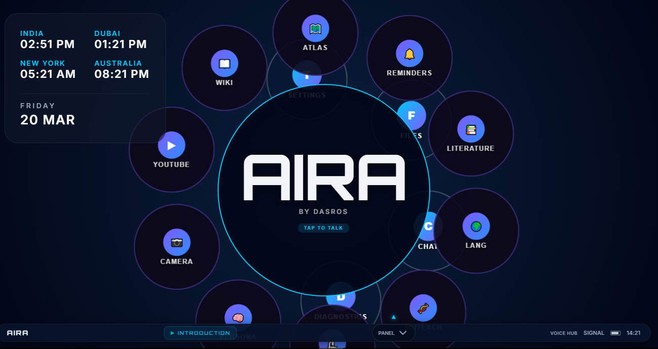 AIRA orbital software interface with modules around a central assistant hub
