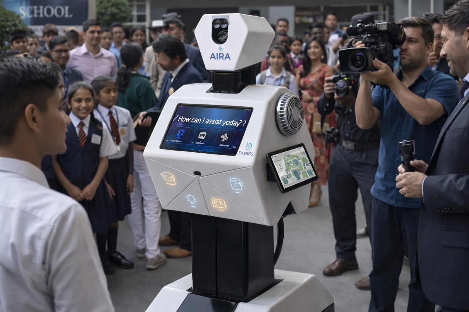 Students and media surrounding the AIRA robot during a live deployment
